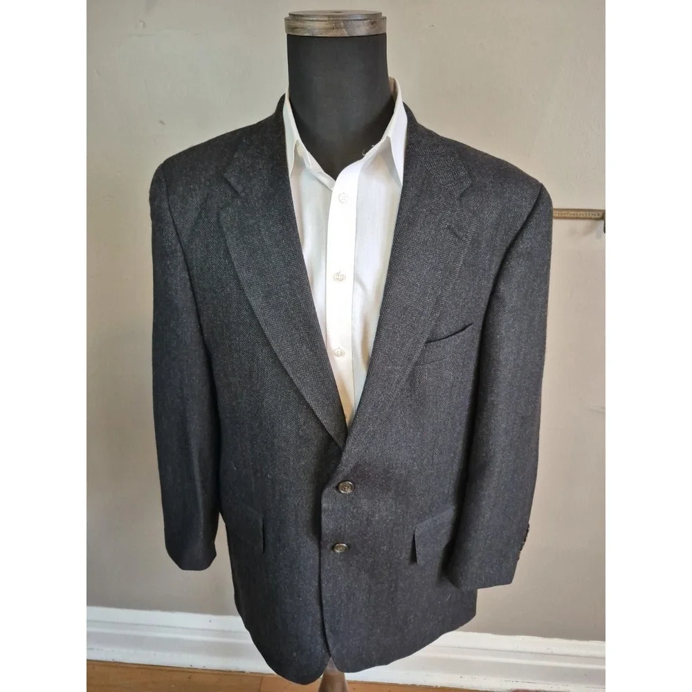 Chaps Vintage 44R Charcoal Herringbone Wool Blazer 2 Button Sport Coat Mens Gray